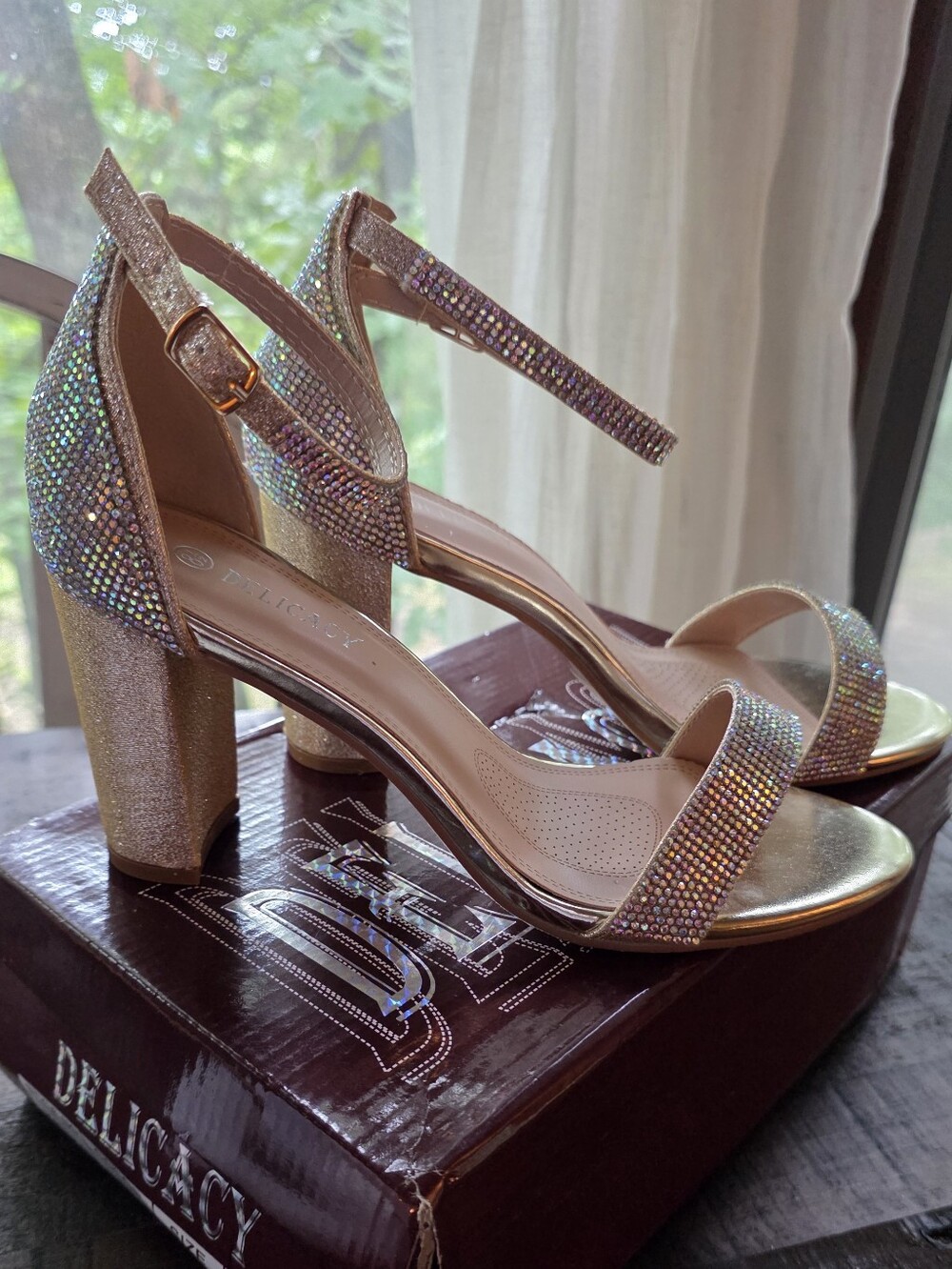 Delicacy Women's Gold Rhinestone Block Heel Sandals